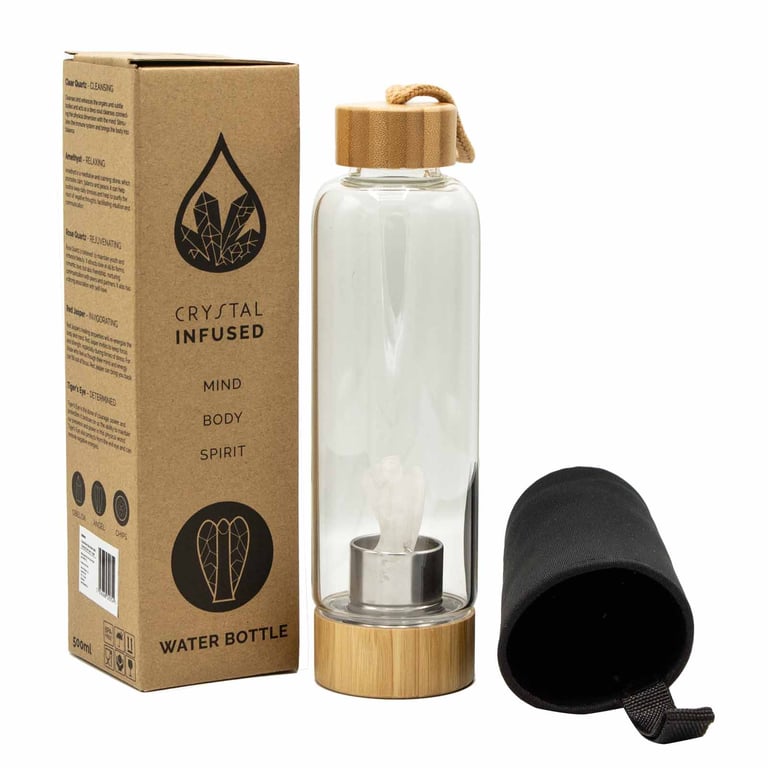 Glass Water Bottle with Crystal Infusion (Quartz) - Cleansing, Angel Collection