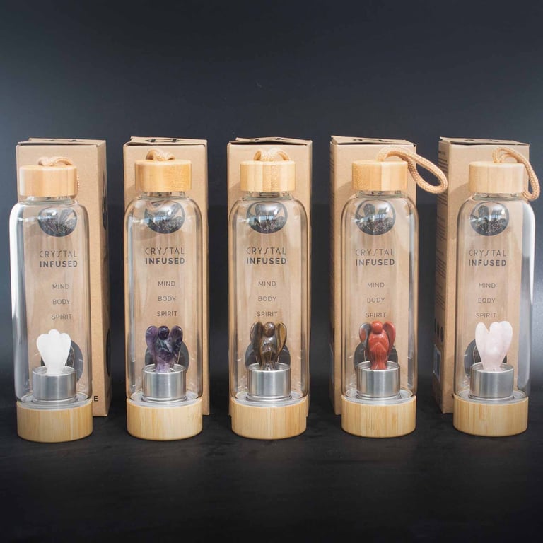 Glass Water Bottle with Crystal Infusion (Quartz) - Cleansing, Angel Collection