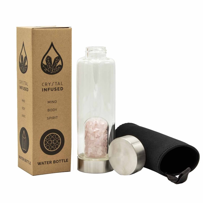 Glass Water Bottle with Rose Quartz Chips - Crystal Infused for Wellness