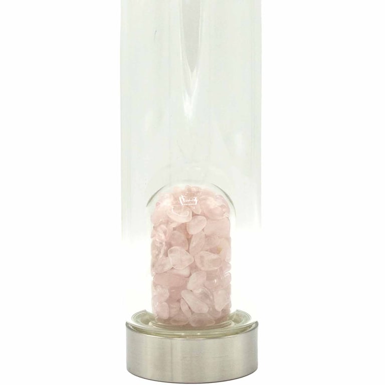 Glass Water Bottle with Rose Quartz Chips - Crystal Infused for Wellness
