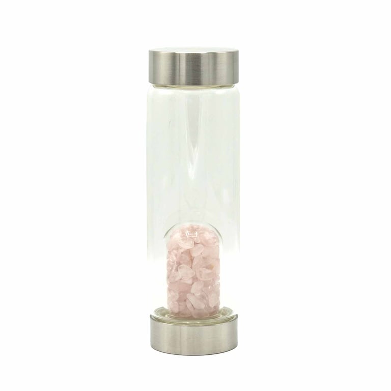 Glass Water Bottle with Rose Quartz Chips - Crystal Infused for Wellness