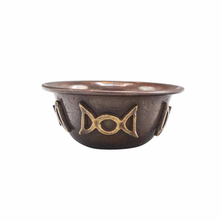 Antique Copper Ritual Bowl - Triple Moon Symbolism 8x4cm Ceremonial Piece