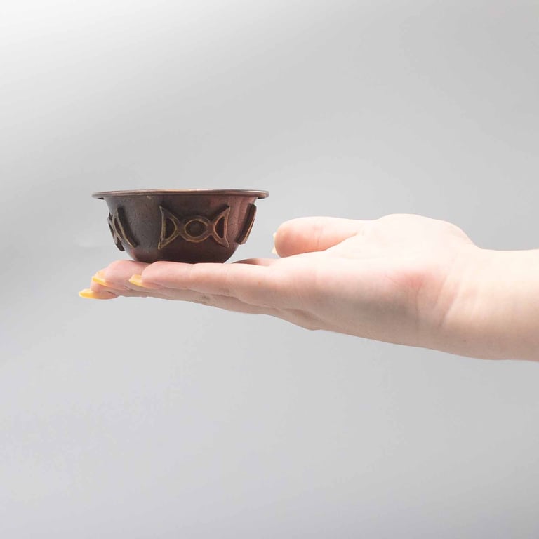 Antique Copper Ritual Bowl - Triple Moon Symbolism 8x4cm Ceremonial Piece