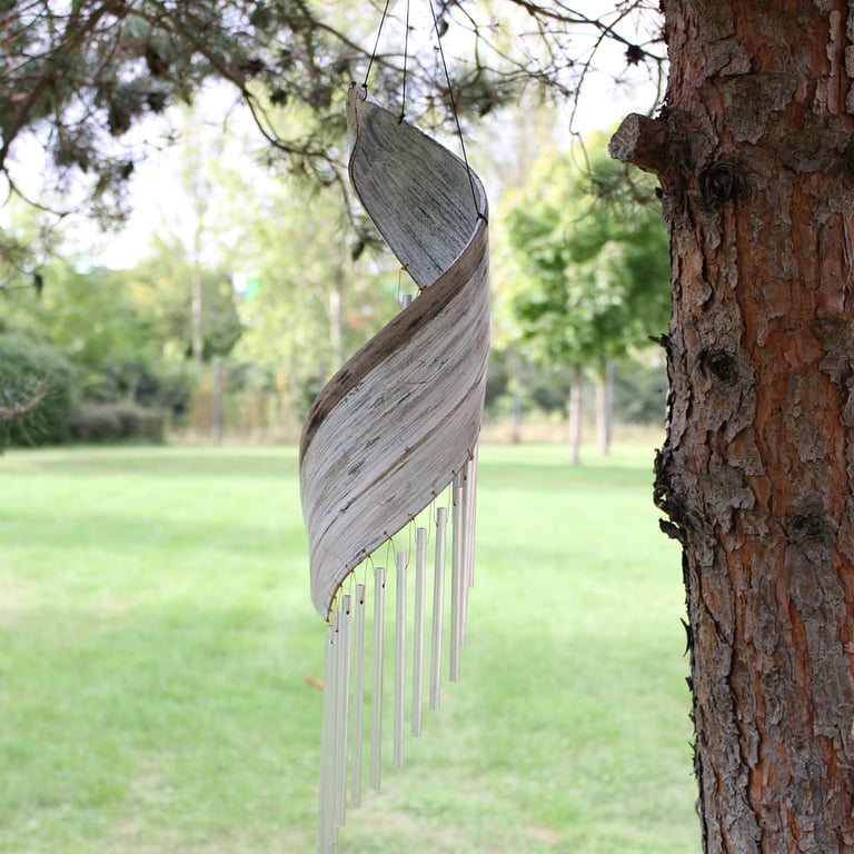Whitewashed Coconut Leaf Wind Chimes - Natural Outdoor Decor for Garden and Patio