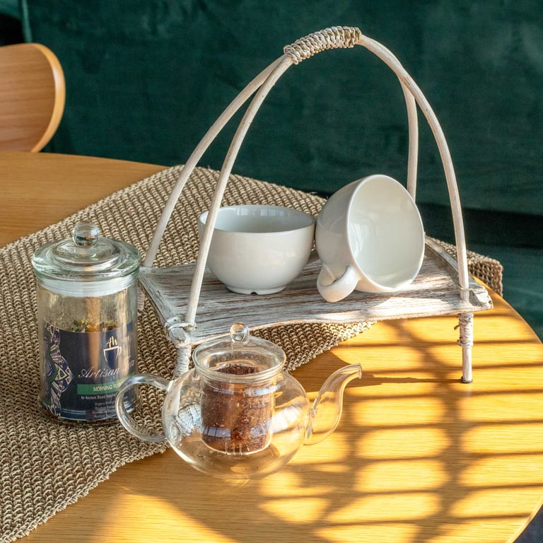 Whitewashed Coconut Leaf Tea Stand - Eco-Friendly Home Decor Holder