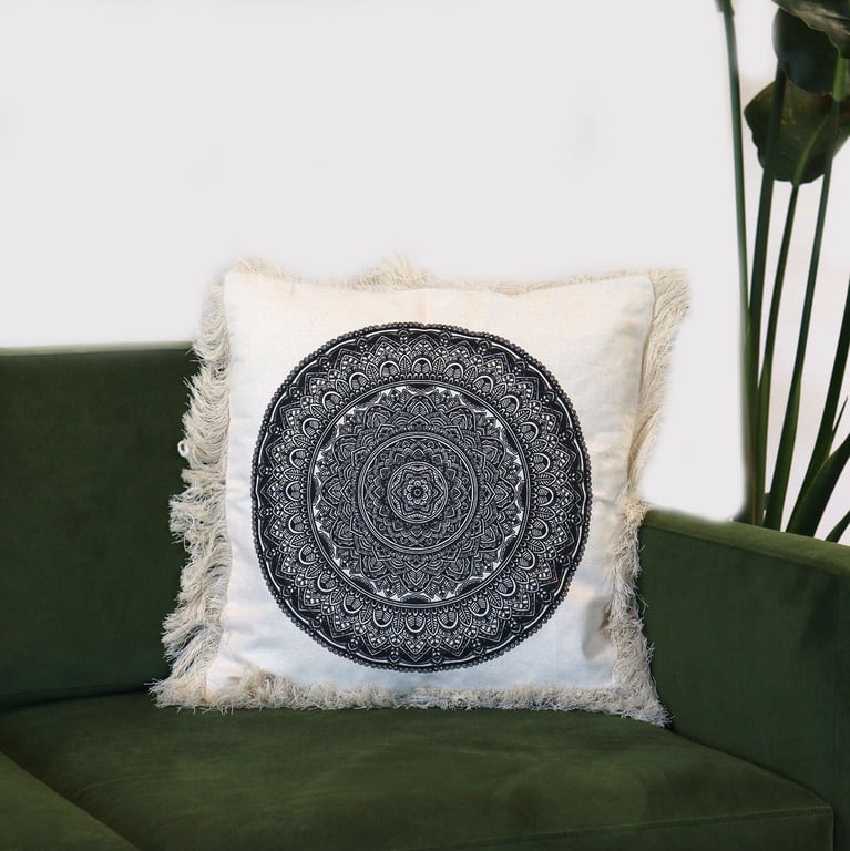 Traditional Mandala Cushion Cover - 45x45cm Black Boho Decor