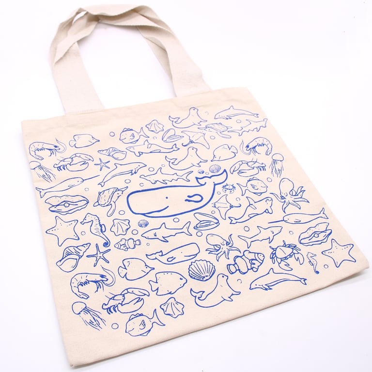 Big Cotton Sea Life Shopping Bag - 38x42cm Reusable Canvas Tote - Eco Friendly and Durable 10oz Bag
