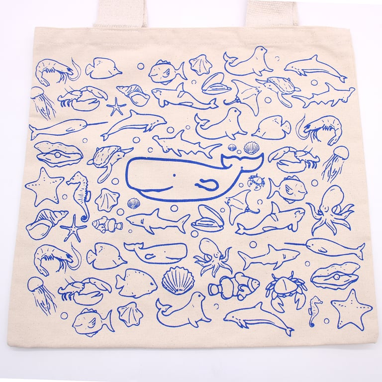 Big Cotton Sea Life Shopping Bag - 38x42cm Reusable Canvas Tote - Eco Friendly and Durable 10oz Bag