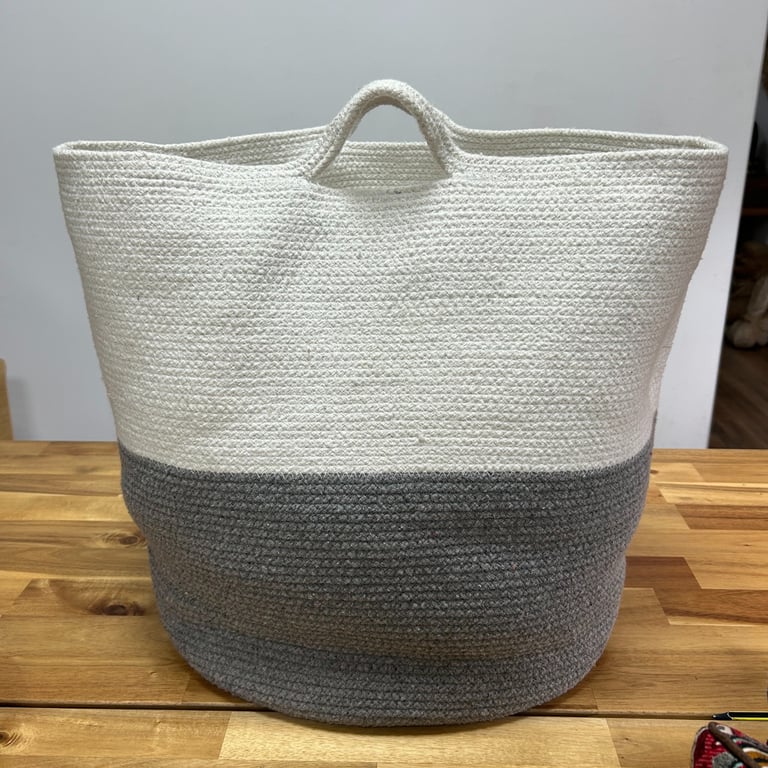 Large Grey Storage Basket (45x40cm) - Durable Cotton Rope Laundry Bin