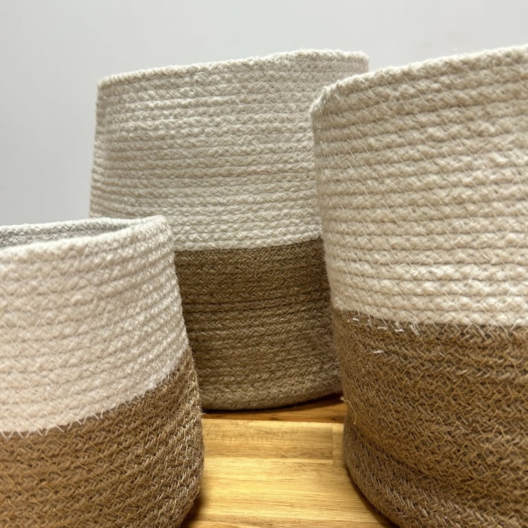 3 White Cotton Rope Storage Baskets - Durable & Stylish Set