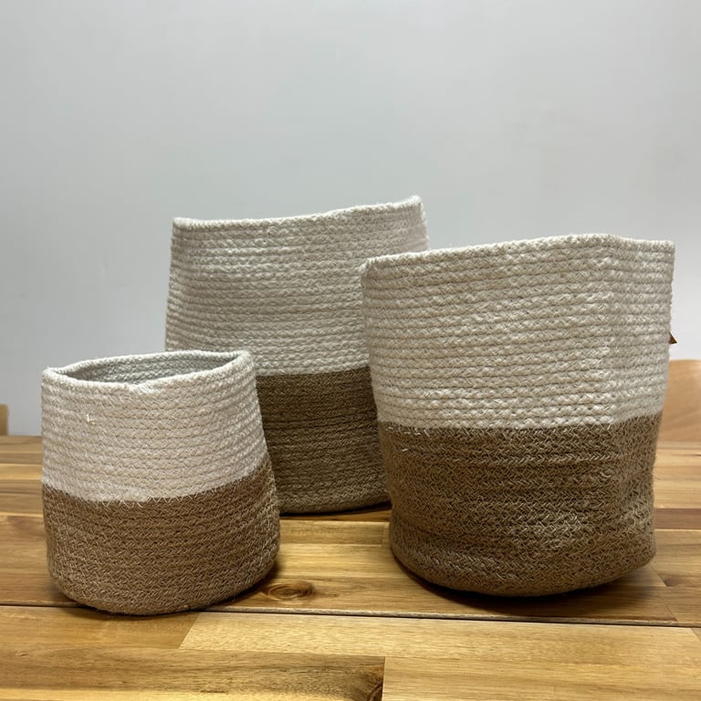 3 White Cotton Rope Storage Baskets - Durable & Stylish Set