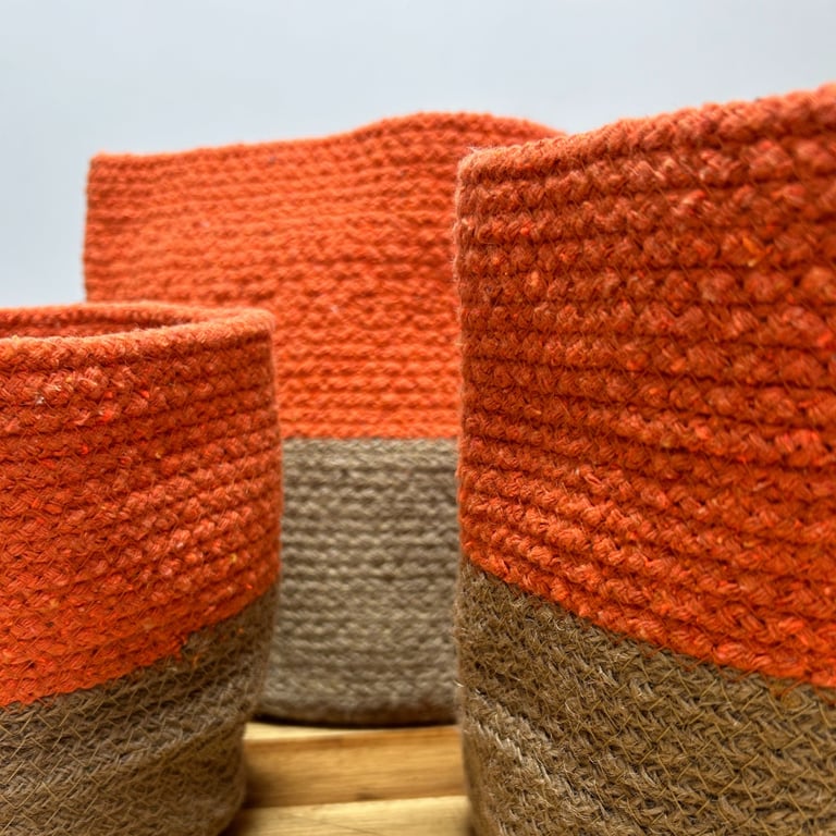 3 Cotton Rope Storage Baskets (Orange) - Durable & Stylish