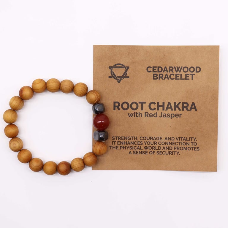 Cedarwood Root Chakra Bangle - Red Jasper Healing Jewelry, Natural Wooden Chakra Bracelet