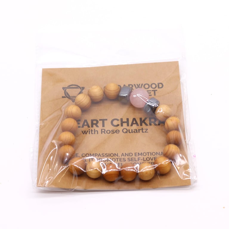 Cedarwood Heart Chakra Bangle with Rose Quartz - Natural Wood & Healing Energy