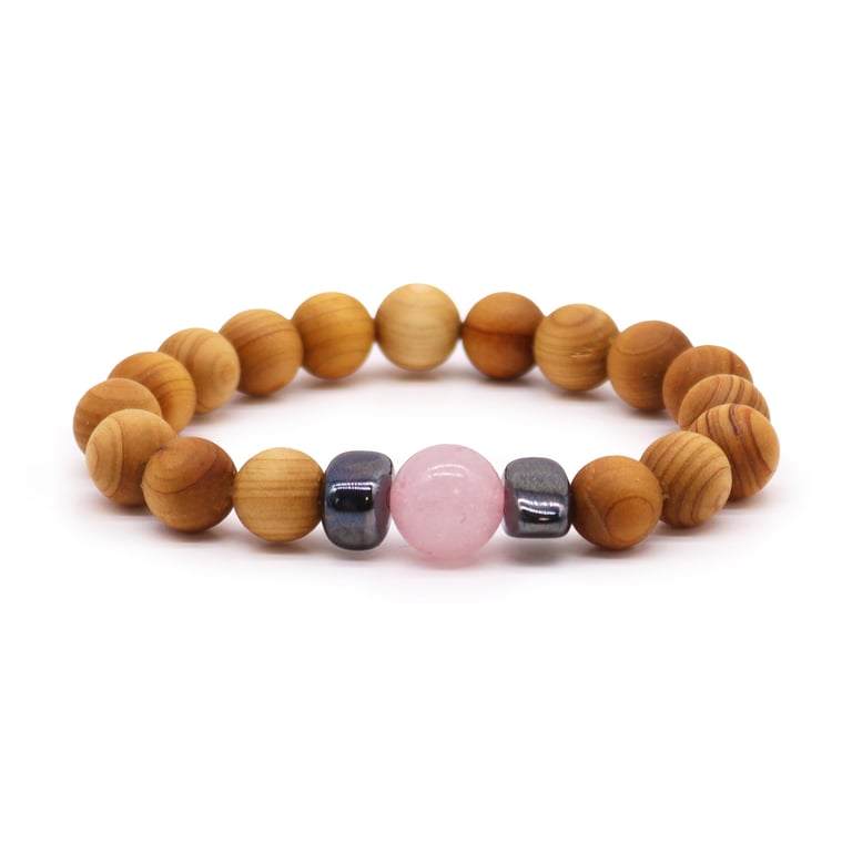 Cedarwood Heart Chakra Bangle with Rose Quartz - Natural Wood & Healing Energy
