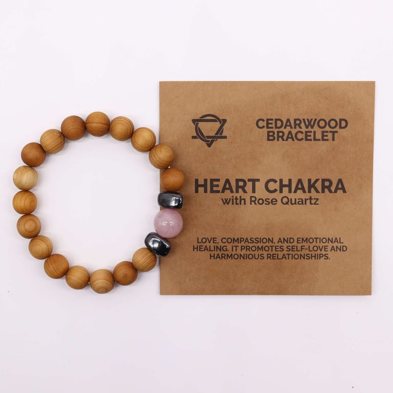 Cedarwood Heart Chakra Bangle with Rose Quartz - Natural Wood & Healing Energy