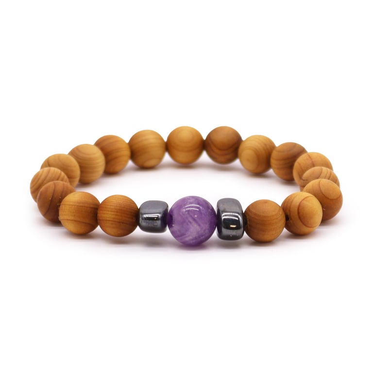 Cedarwood Third Eye Chakra Amethyst Bangle - Meditation and Spiritual Energy Healing Crystal Jewelry