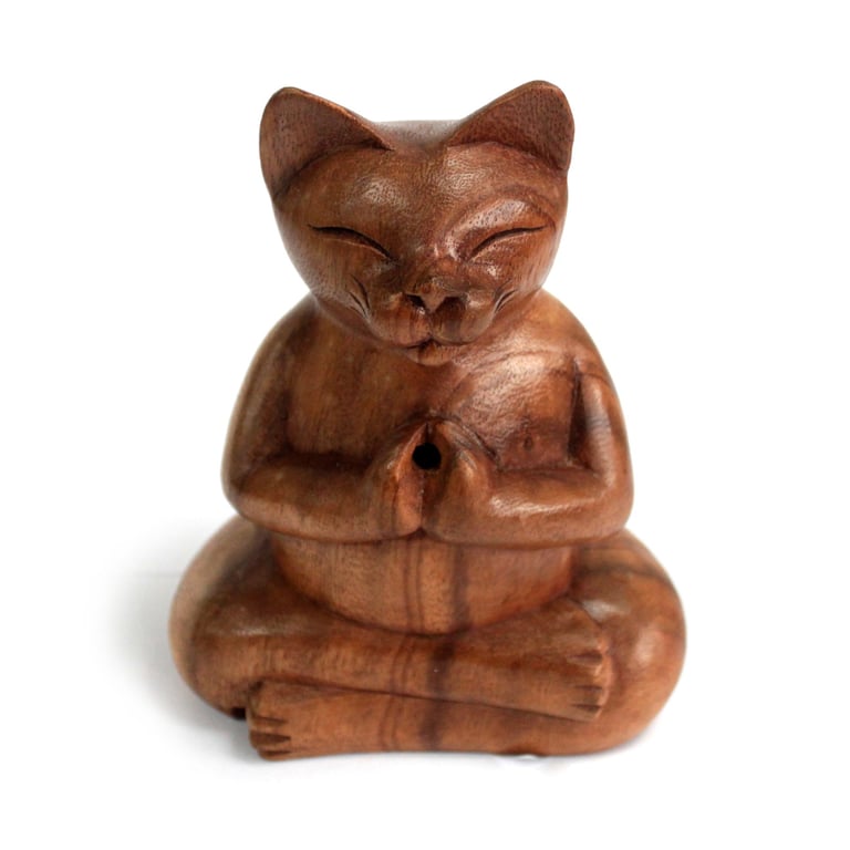 Large Wooden Carved Incense Burner (Yoga Cat Design)
