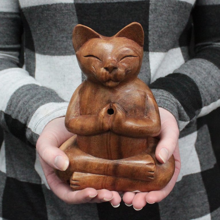 Large Wooden Carved Incense Burner (Yoga Cat Design)