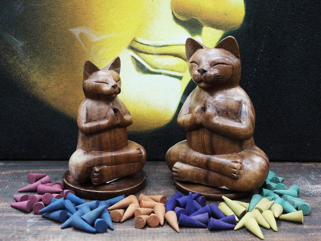 Large Wooden Carved Incense Burner (Yoga Cat Design)