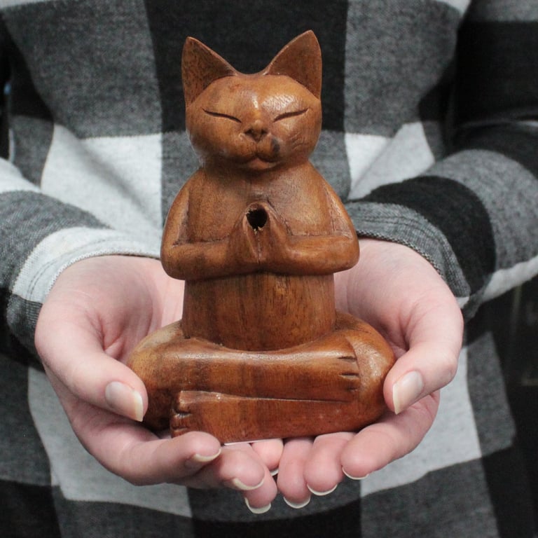 Wooden Carved Meditation Incense Burner - Cat Shaped Yoga Design