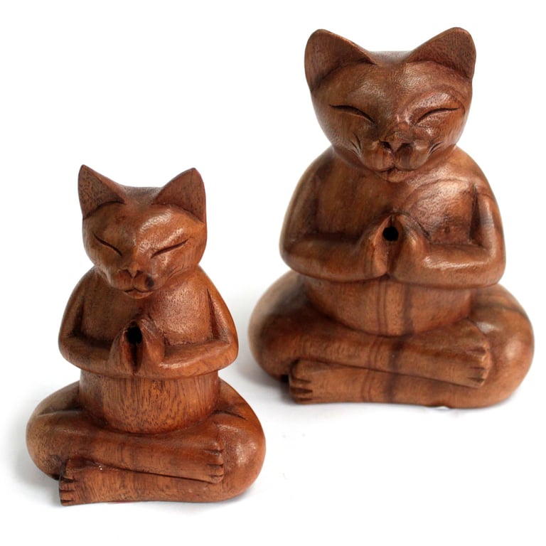 Wooden Carved Meditation Incense Burner - Cat Shaped Yoga Design