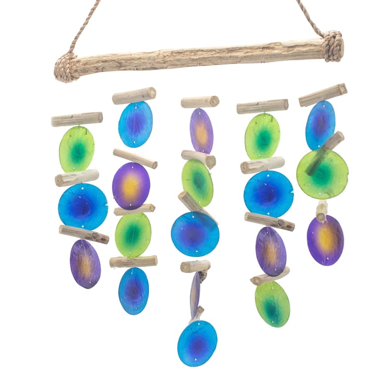 Natural Wood Green & Purple Driftwood Chime - Outdoor Boho Chic Decor Wind Chime Wall Hanging