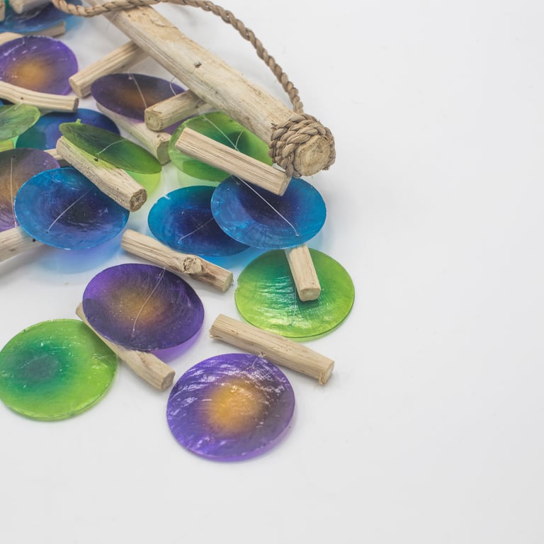 Natural Wood Green & Purple Driftwood Chime - Outdoor Boho Chic Decor Wind Chime Wall Hanging