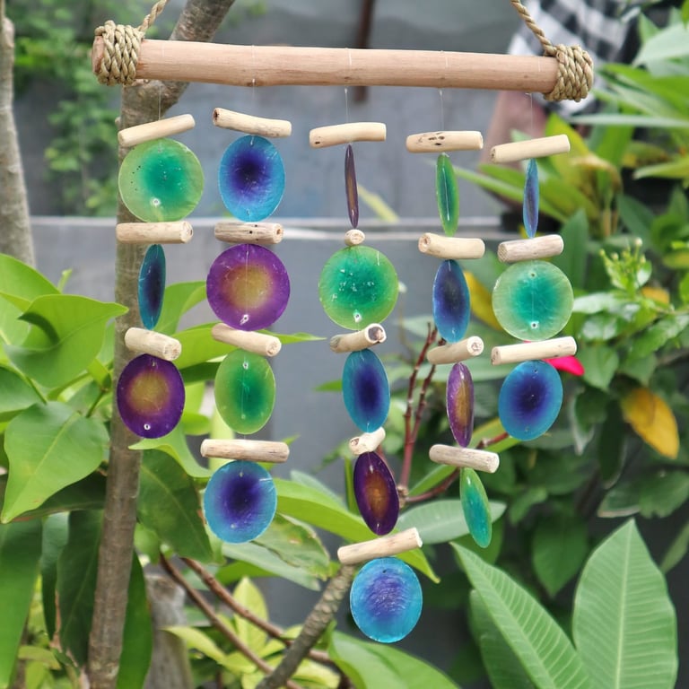 Natural Wood Green & Purple Driftwood Chime - Outdoor Boho Chic Decor Wind Chime Wall Hanging