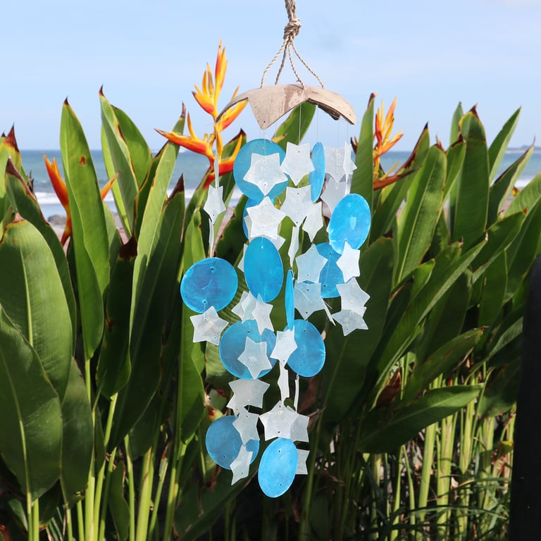 Coconut and Capiz Decorative Windchimes - Blue and White Star Design, 30cm Length