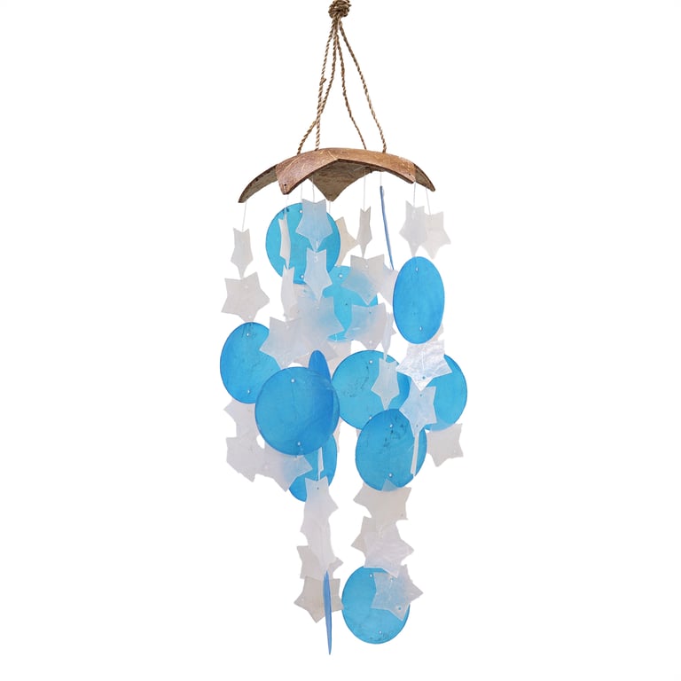 Coconut and Capiz Decorative Windchimes - Blue and White Star Design, 30cm Length