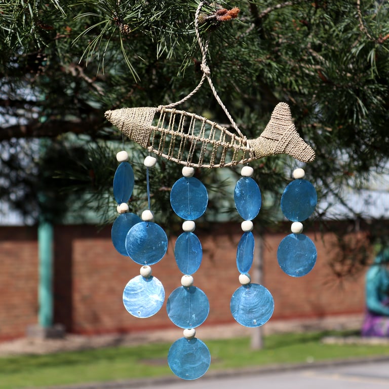 String Fish and Blue Copis Drop Earrings - Handcrafted, Unique Design