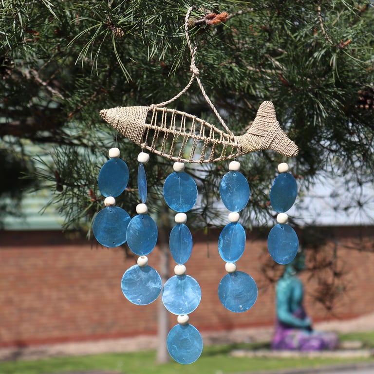 String Fish and Blue Copis Drop Earrings - Handcrafted, Unique Design