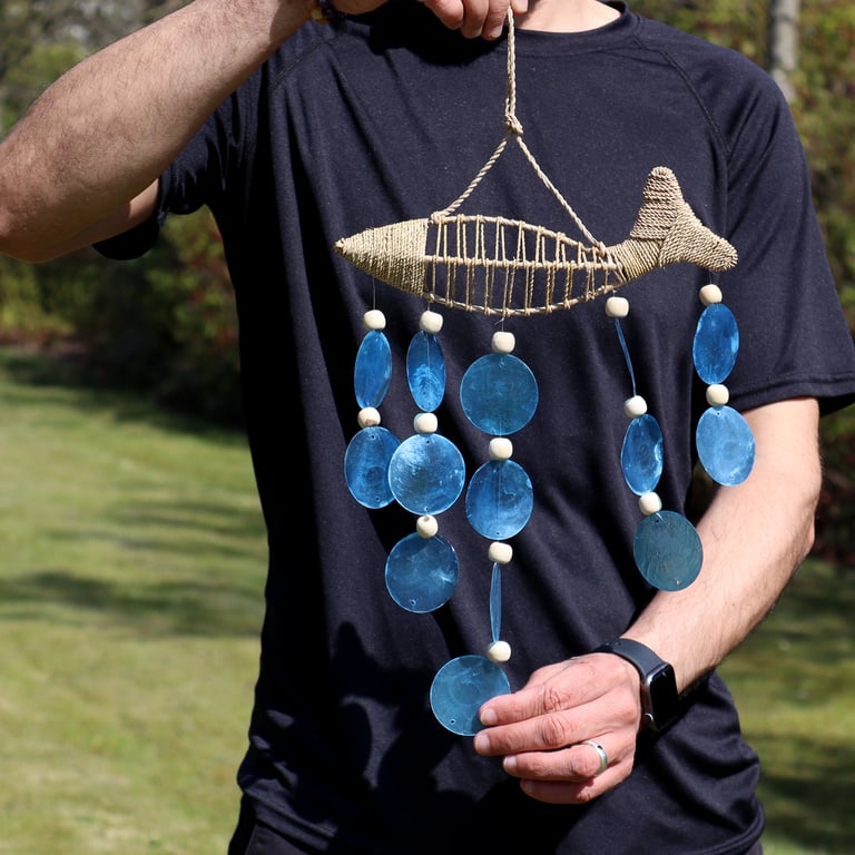 String Fish and Blue Copis Drop Earrings - Handcrafted, Unique Design