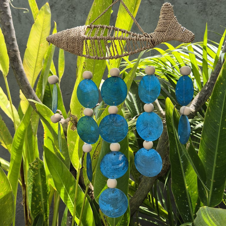 String Fish and Blue Copis Drop Earrings - Handcrafted, Unique Design