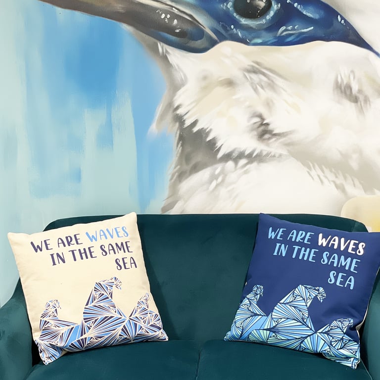 Cotton Cushion Cover - Waves Print - We are Grey, Blue & Natural