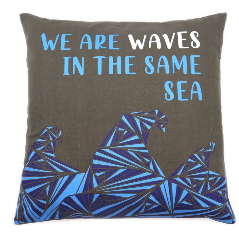 Cotton Cushion Cover - Waves Print - We are Grey, Blue & Natural