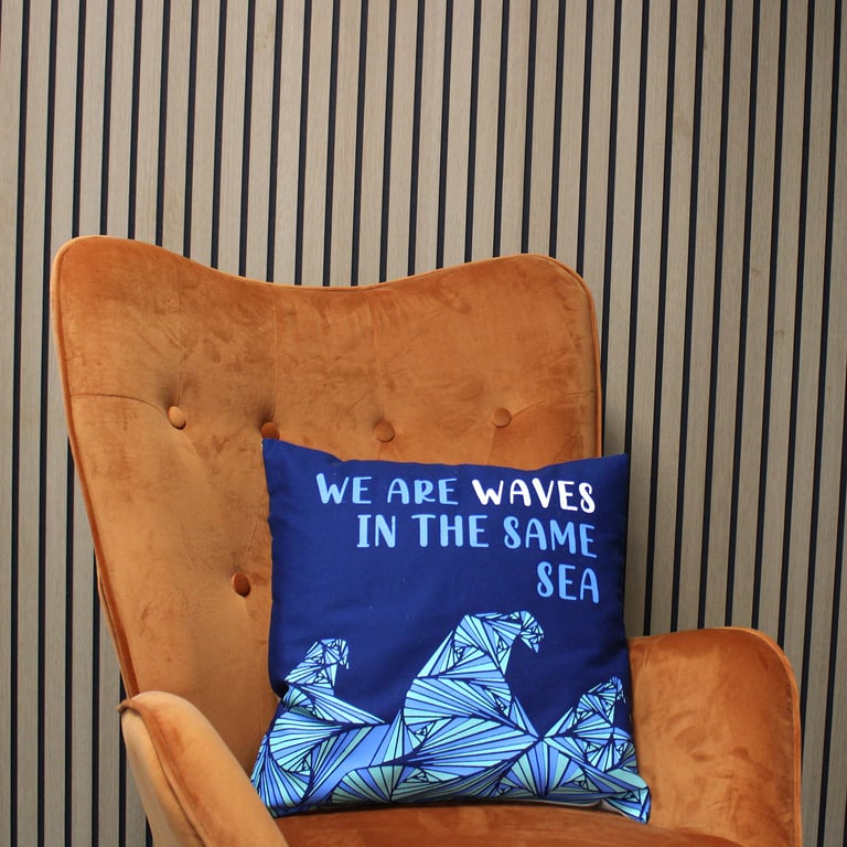 Cotton Cushion Cover - Waves Print - We are Grey, Blue & Natural