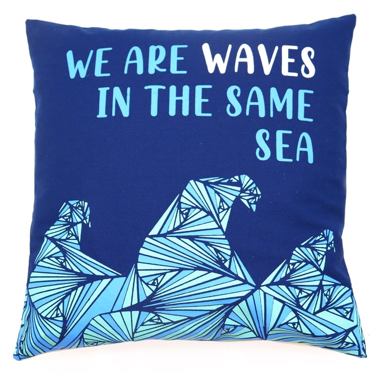 Cotton Cushion Cover - Waves Print - We are Grey, Blue & Natural