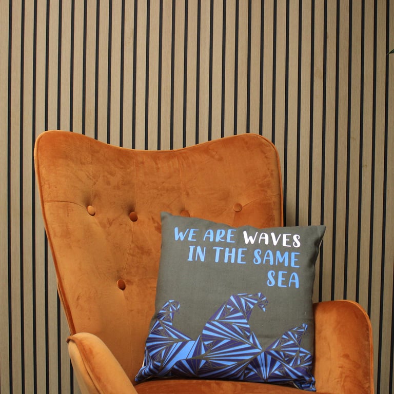 Cotton Cushion Cover - Waves Print - We are Grey, Blue & Natural