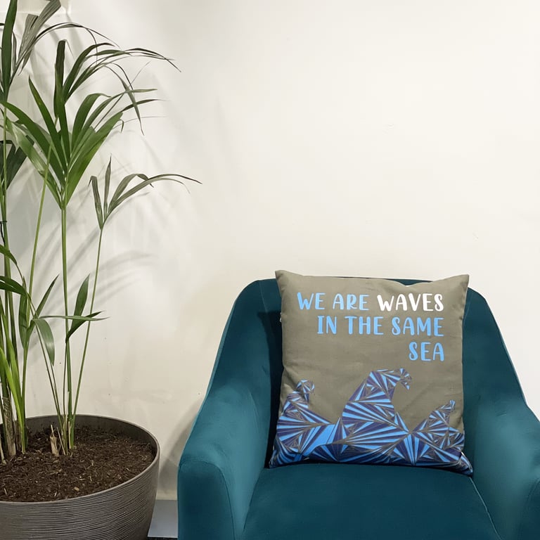 Cotton Cushion Cover - Waves Print - We are Grey, Blue & Natural