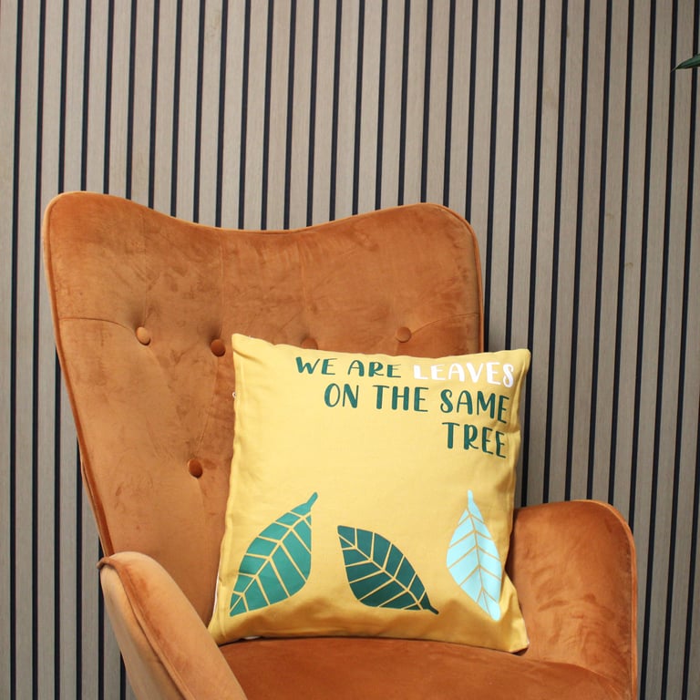 Cotton Cushion Cover - Printed Leaves Design - We Are, Yellow-Blue-Natural