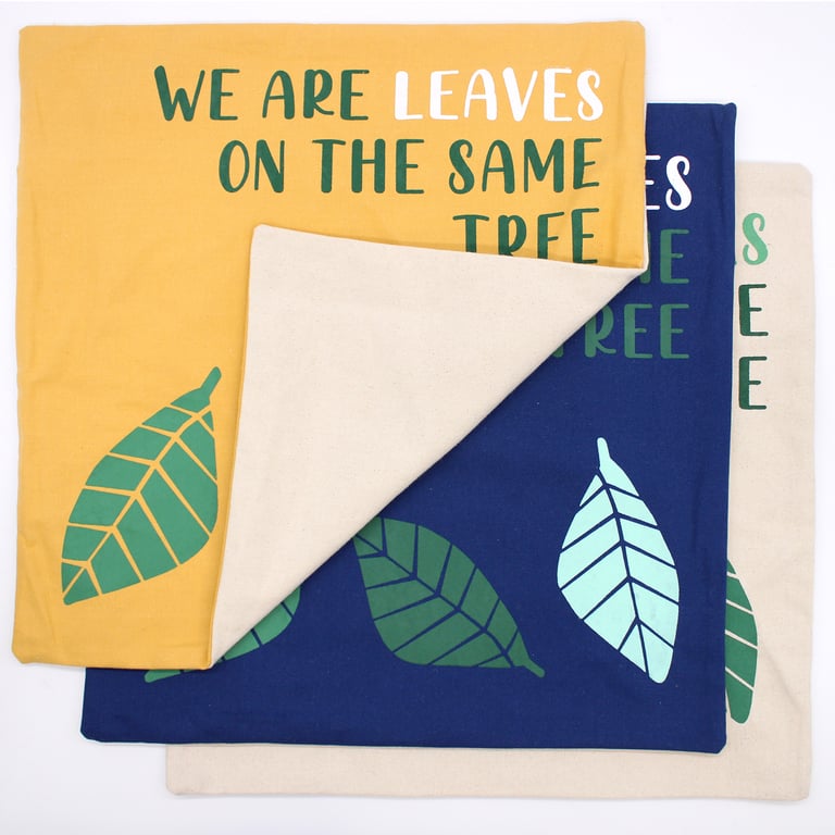 Cotton Cushion Cover - Printed Leaves Design - We Are, Yellow-Blue-Natural