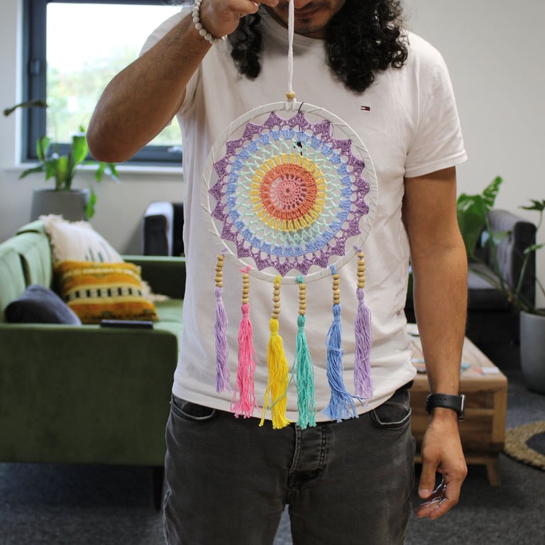 Handmade Small Pastel Rainbow Dreamcatcher (22x56cm) - Native-Inspired Home Decor
