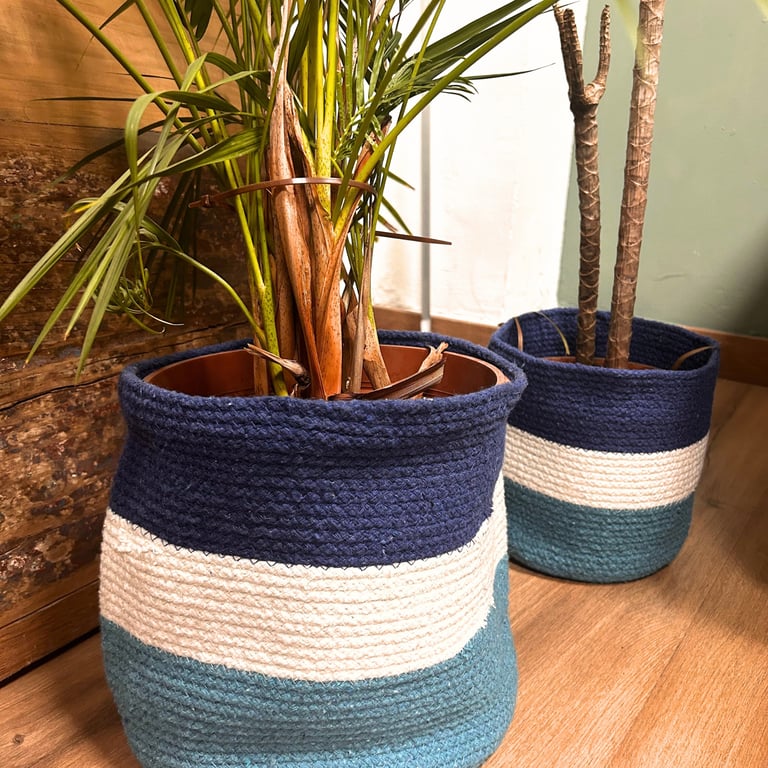3 Jute Rope Baskets (Evil Eye Design) - Durable & Decorative Set