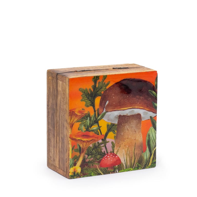 Small Enameled Square Box - Mushroom Design Maroon Home Decor Accent 10x10x4.2cm