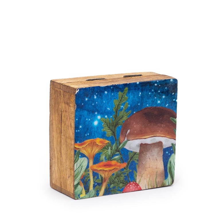 Small Teal Enamel Mushroom Design Home Decor Box 10x10cm Square Storage Container