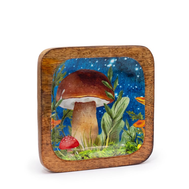Mushroom Design Teal Square Trinket Tray 15x15cm Decorative Storage Box
