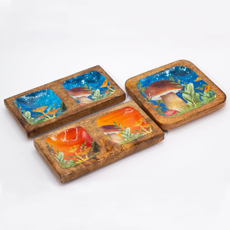 Decorative Double Trinket Tray - Mushroom Design Teal 20x10x2.5cm Organizer