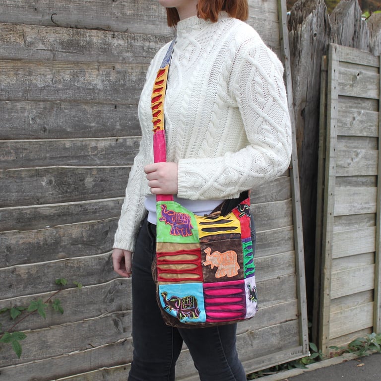 Ethnic Handcrafted Sling Bag - Chocolate Brown Elephant Print Leather Tote